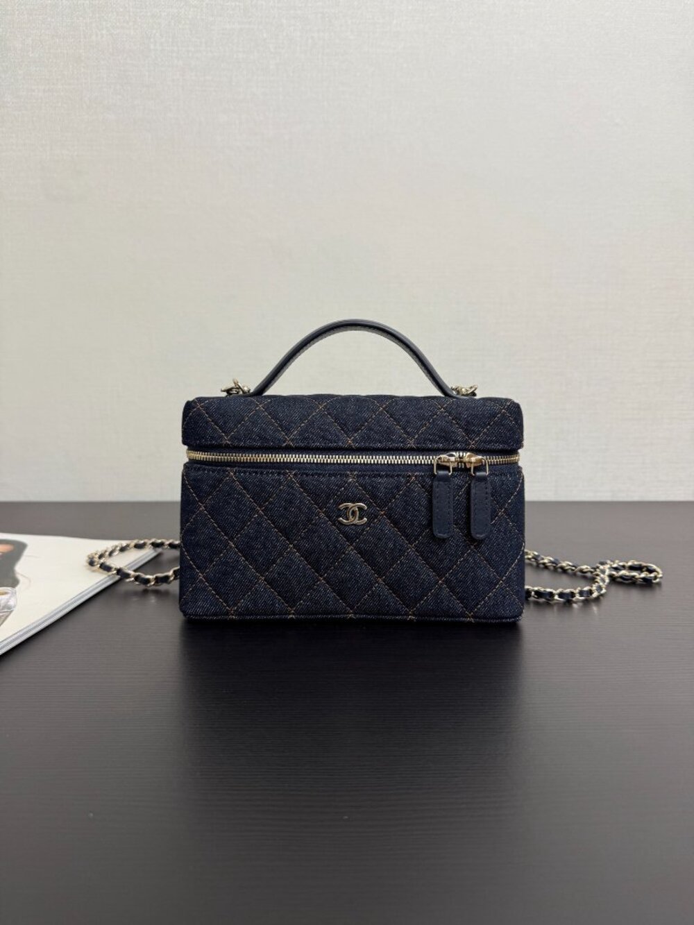 Chanel 26P Vanity / Clutch with Chain in Dark Blue Denim and LGHW